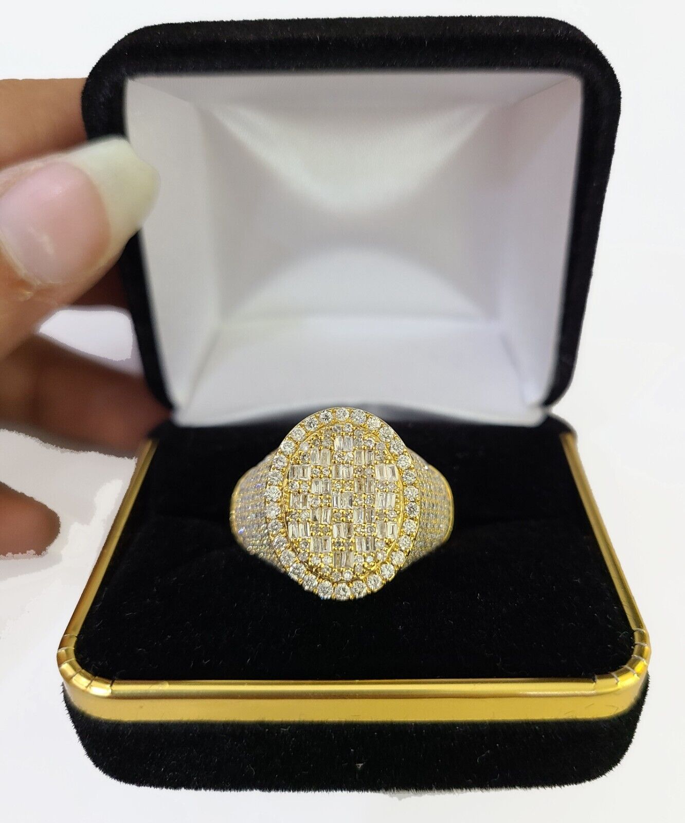 Real 10k Yellow Gold White Diamond Ring Oval Shaped Ring - GoldenlinQ