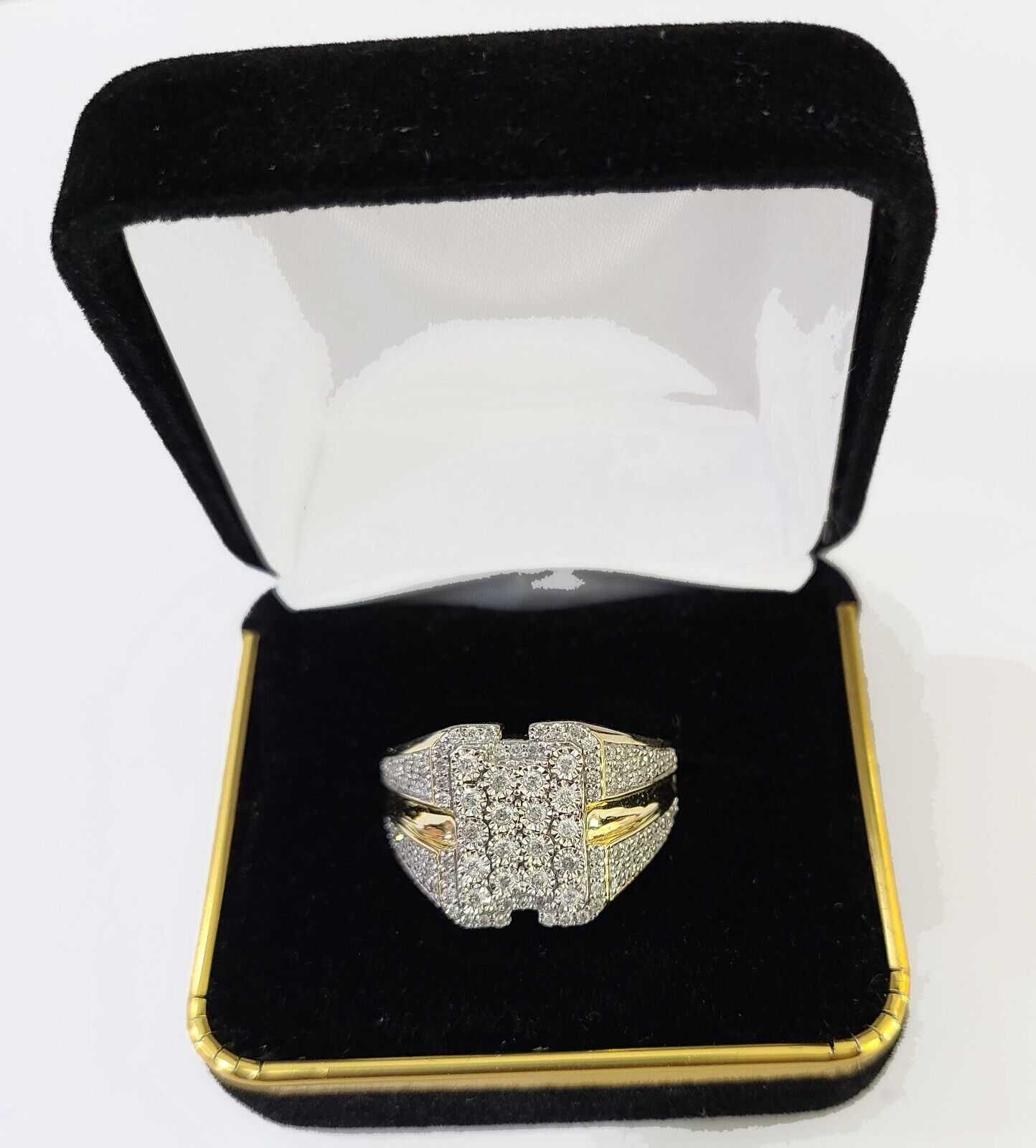 Real 10k Yellow Gold White Diamond Ring Rectangle Shaped Size 10 Mens Ring - GoldenlinQ