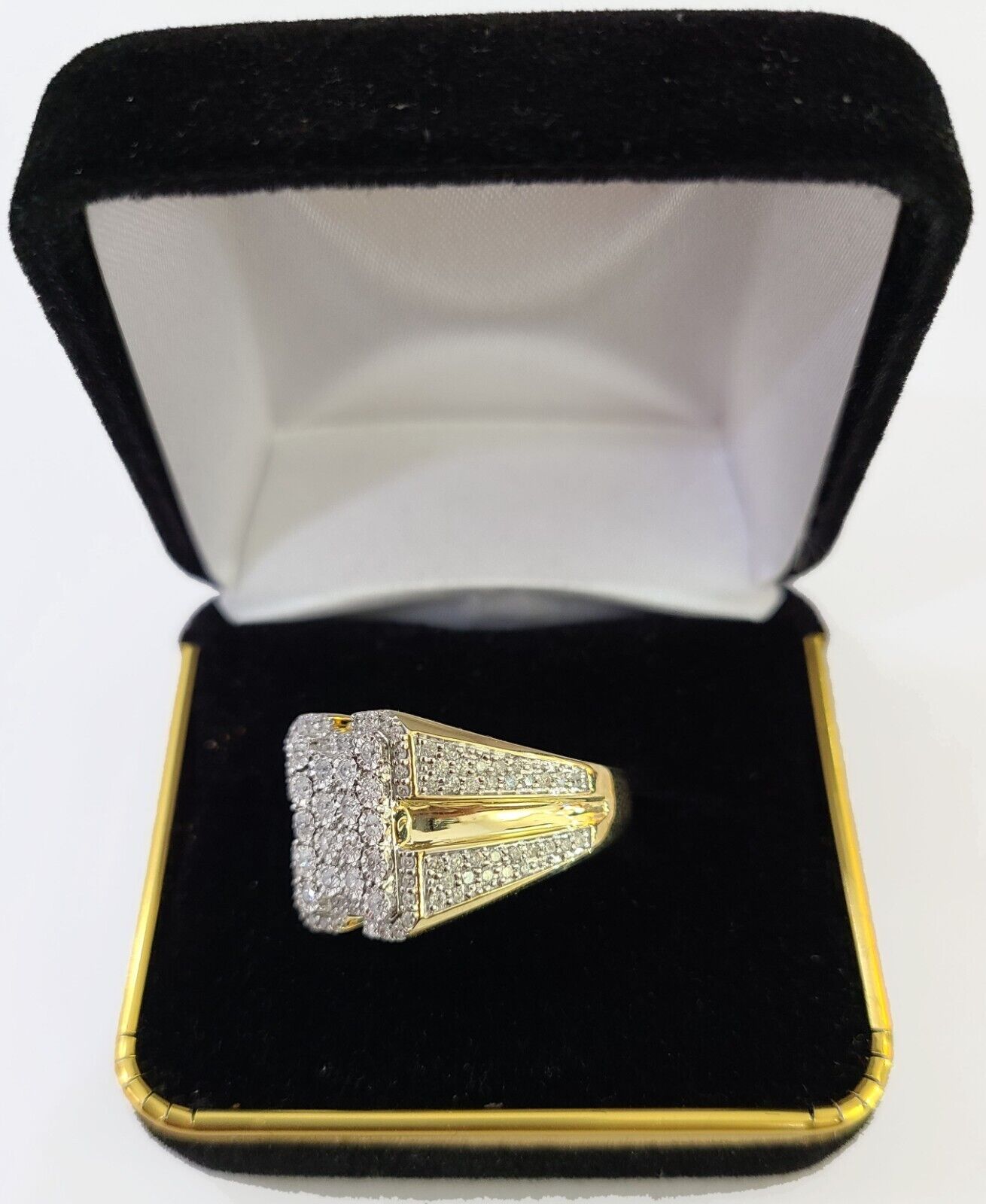 Real 10k Yellow Gold White Diamond Ring Rectangle Shaped Size 10 Mens Ring - GoldenlinQ