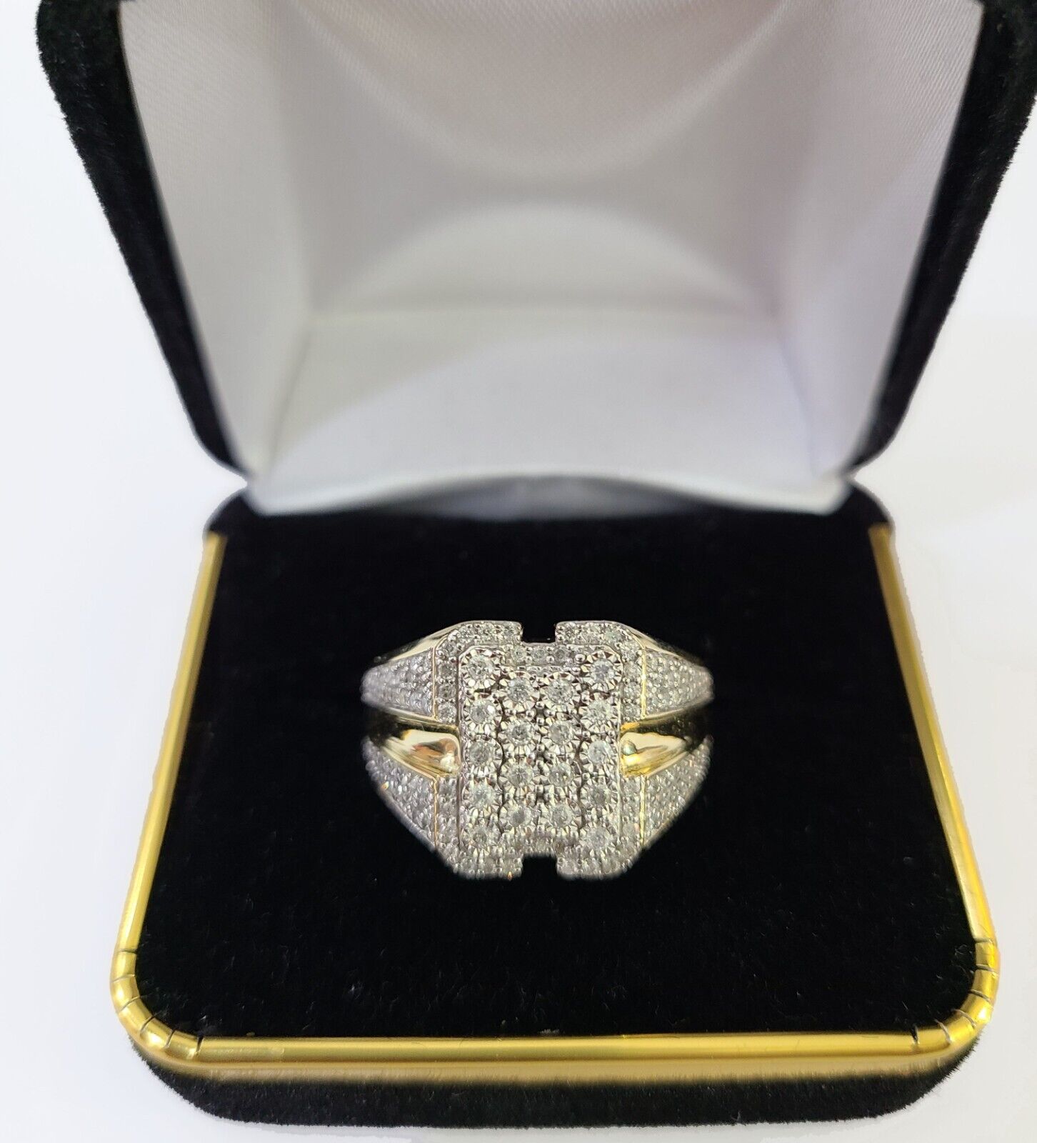 Real 10k Yellow Gold White Diamond Ring Rectangle Shaped Size 10 Mens Ring - GoldenlinQ