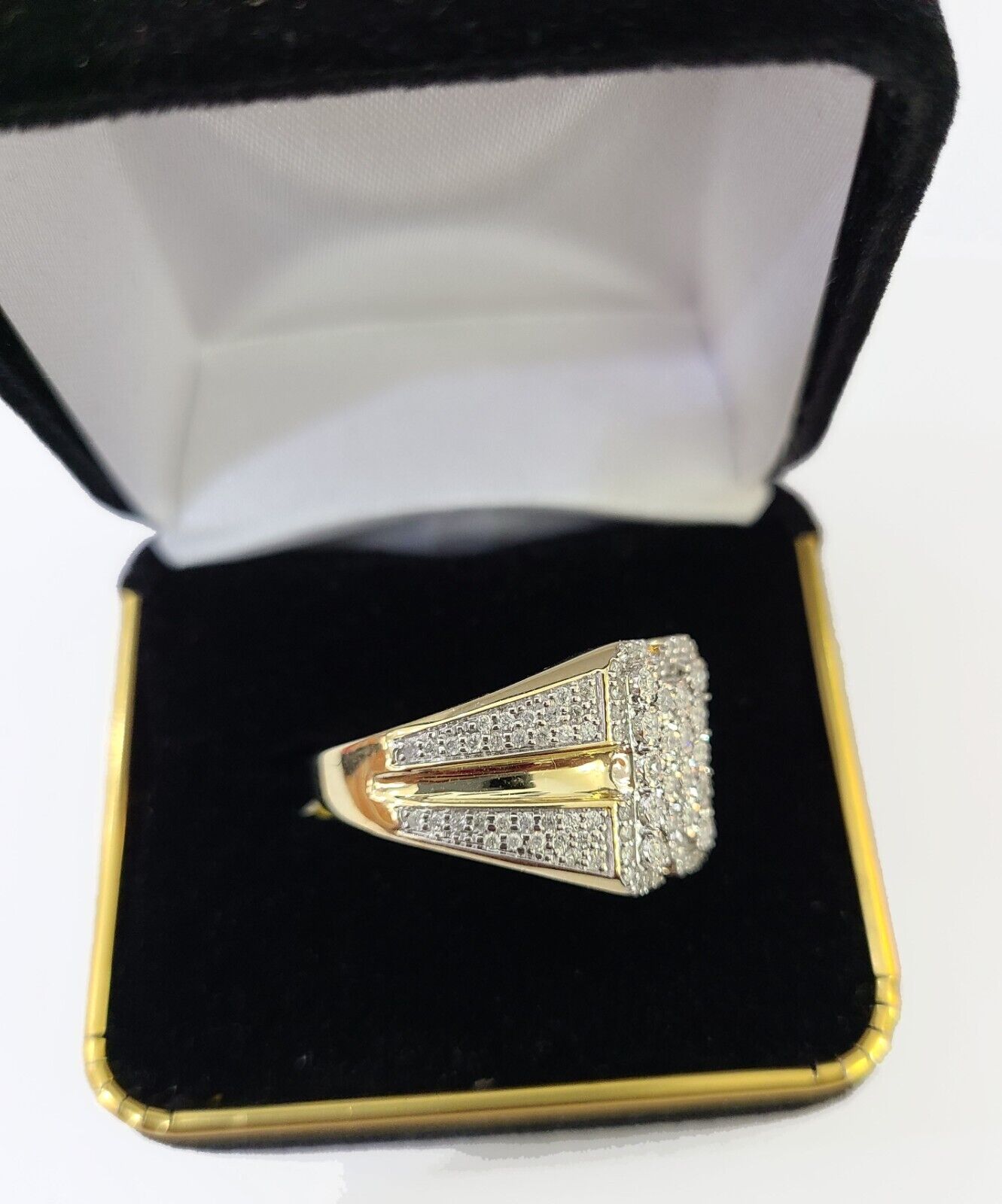 Real 10k Yellow Gold White Diamond Ring Rectangle Shaped Size 10 Mens Ring - GoldenlinQ