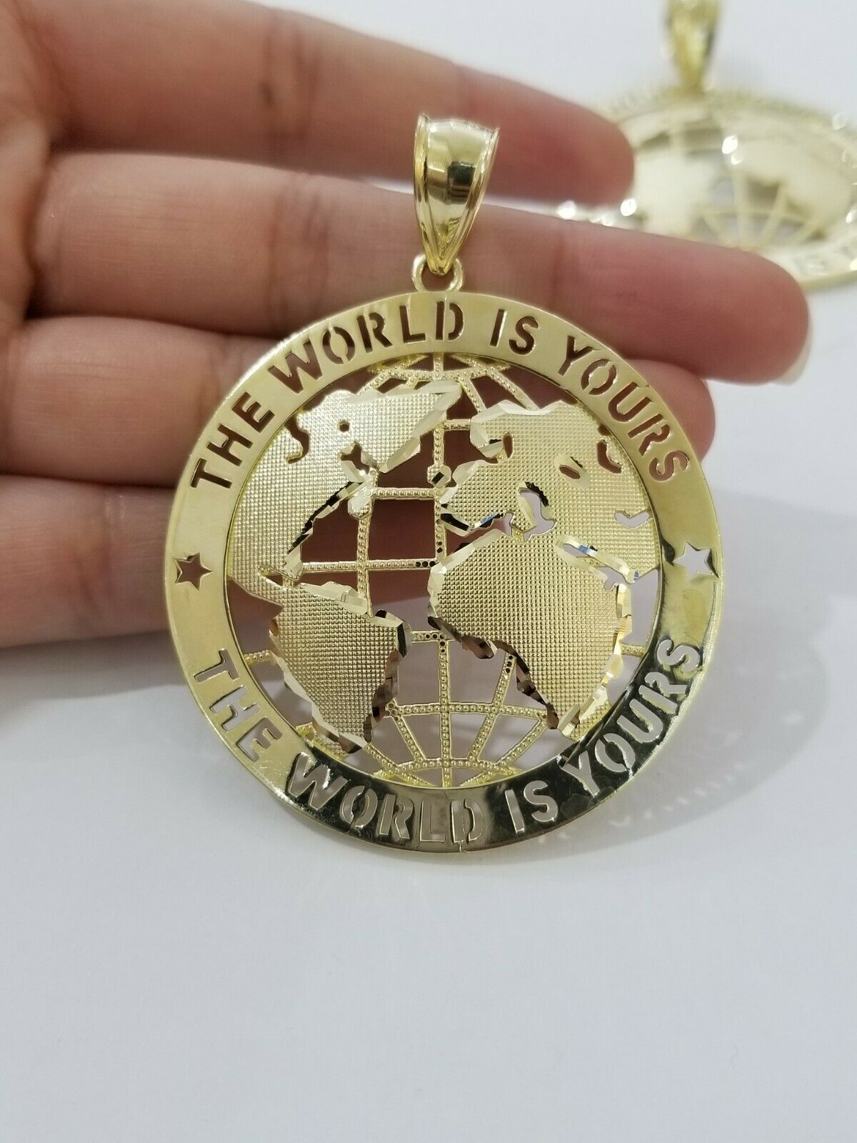 Real 10k Yellow Gold World Map Charm Pendant Ring The World Is Yours Engraved - GoldenlinQ
