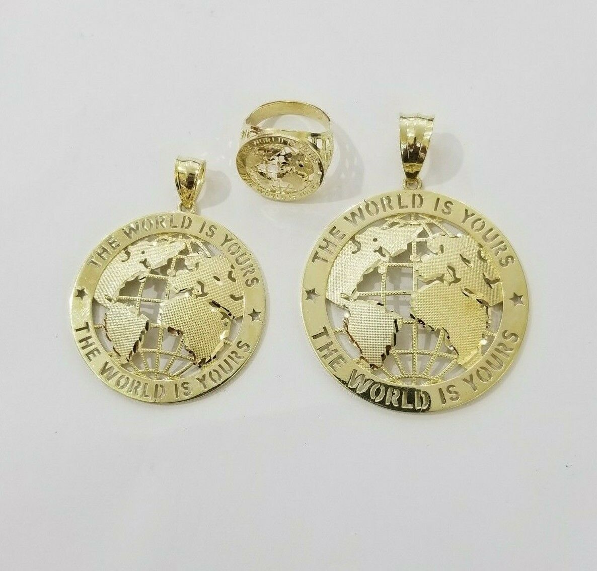 Real 10k Yellow Gold World Map Charm Pendant Ring The World Is Yours Engraved - GoldenlinQ