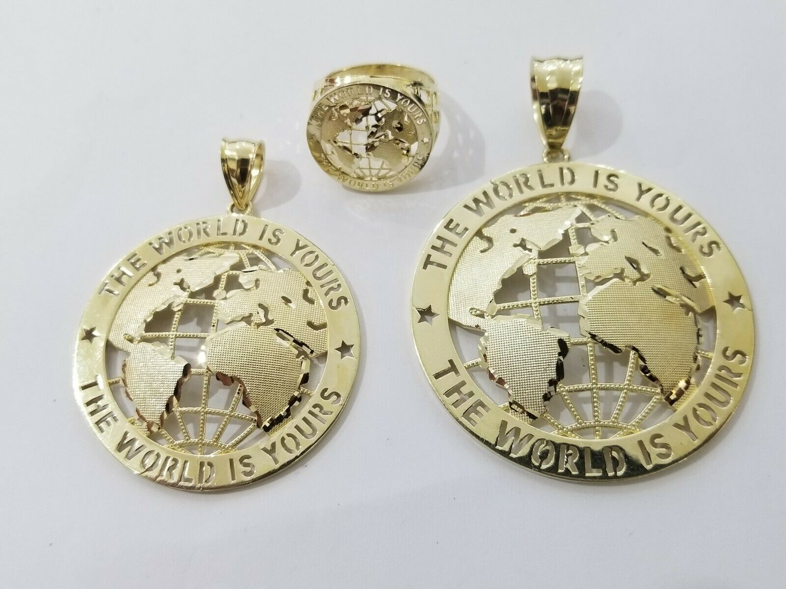 Real 10k Yellow Gold World Map Charm Pendant Ring The World Is Yours Engraved - GoldenlinQ