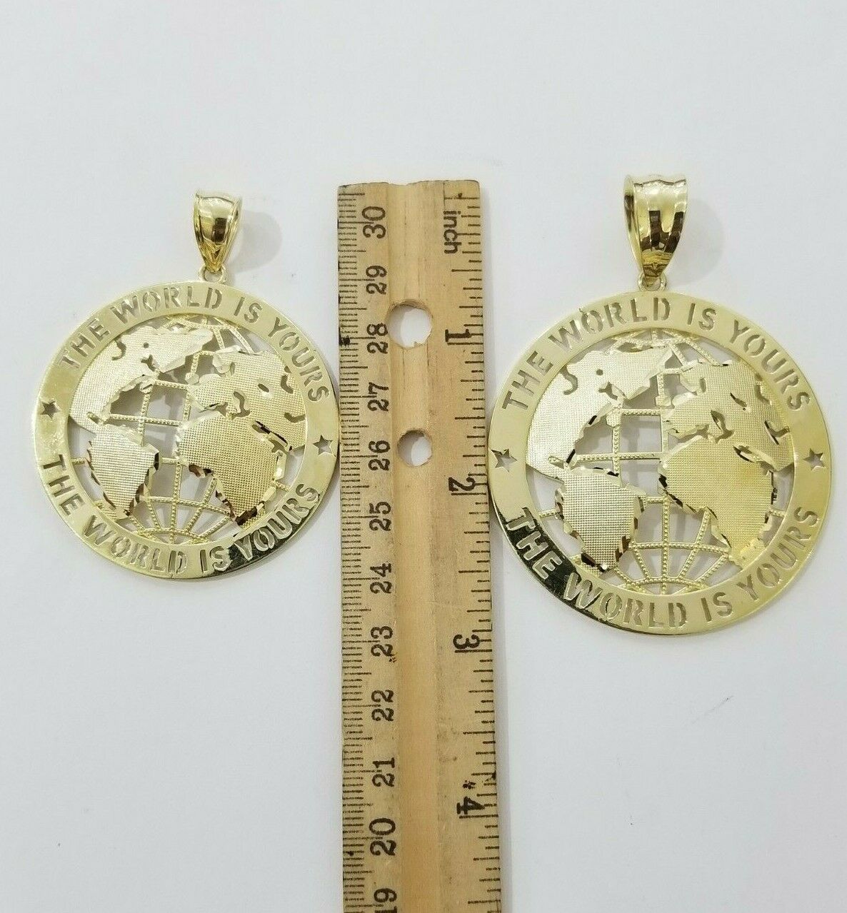 Real 10k Yellow Gold World Map Charm Pendant Ring The World Is Yours Engraved - GoldenlinQ