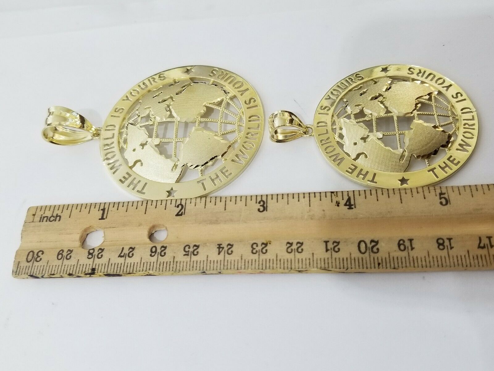 Real 10k Yellow Gold World Map Charm Pendant Ring The World Is Yours Engraved - GoldenlinQ