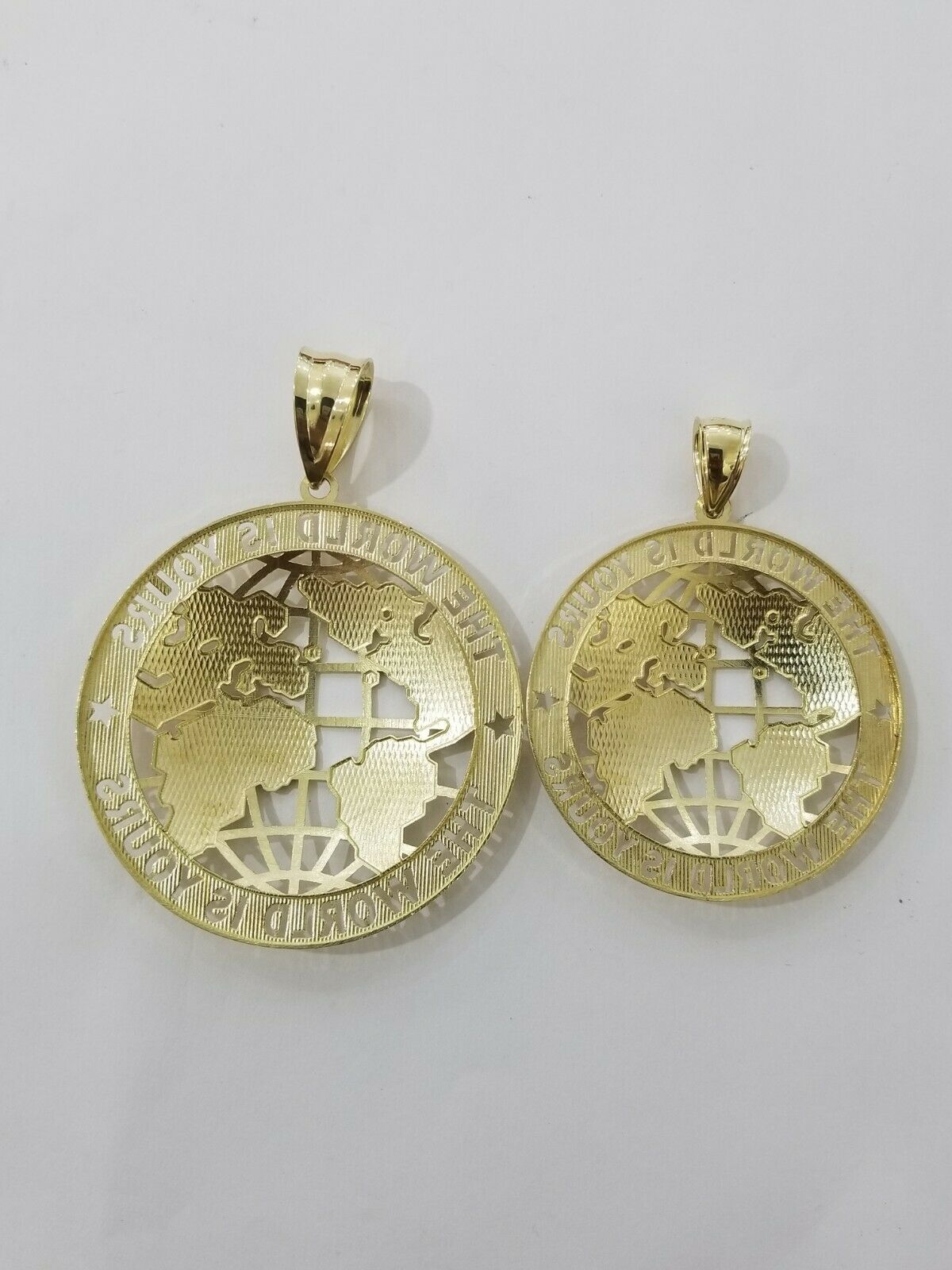 Real 10k Yellow Gold World Map Charm Pendant Ring The World Is Yours Engraved - GoldenlinQ