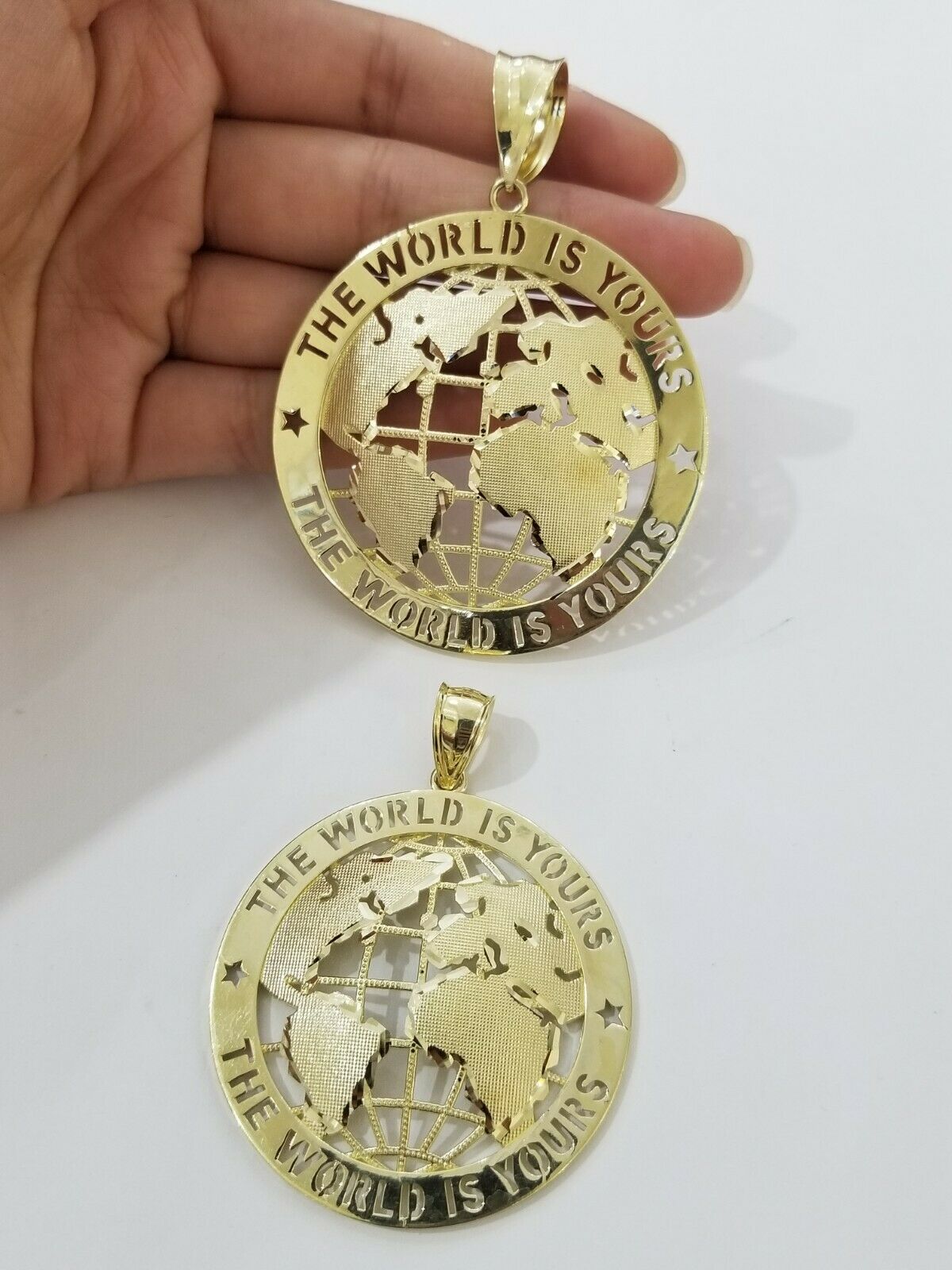 Real 10k Yellow Gold World Map Charm Pendant Ring The World Is Yours Engraved - GoldenlinQ