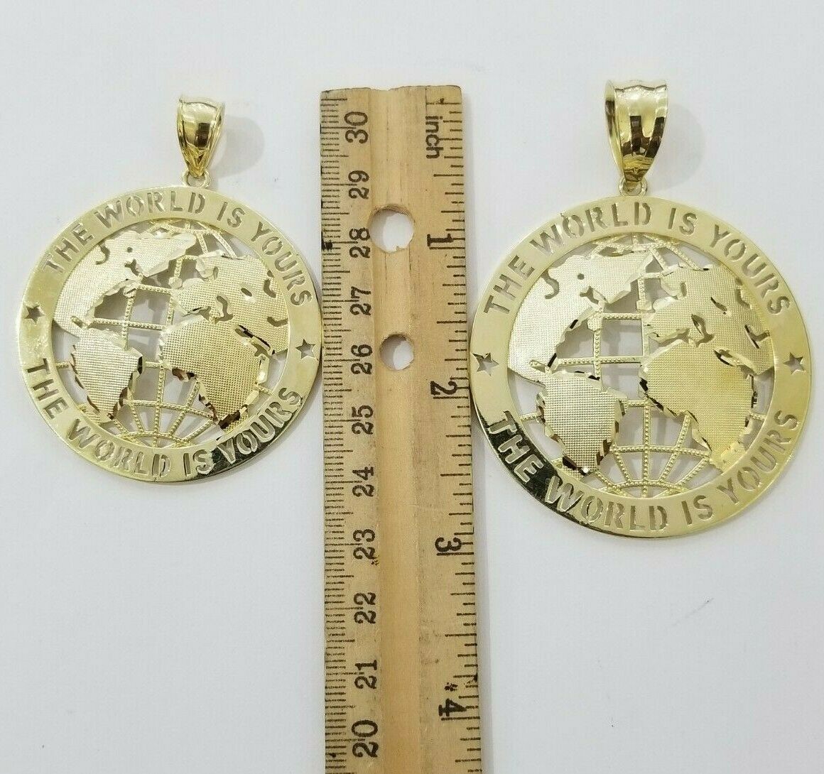 Real 10k Yellow Gold World Map Charm Pendant Ring The World Is Yours Engraved - GoldenlinQ