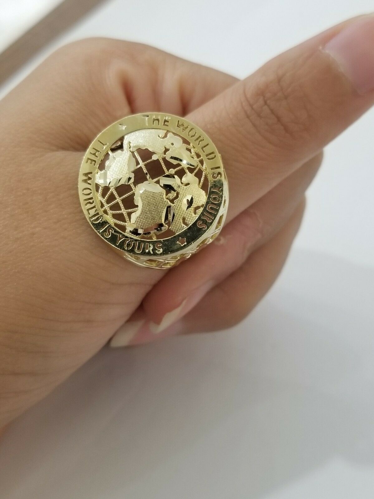 Real 10k Yellow Gold World Map Mens Ring The World Is Yours Engraved Ring Unique - GoldenlinQ