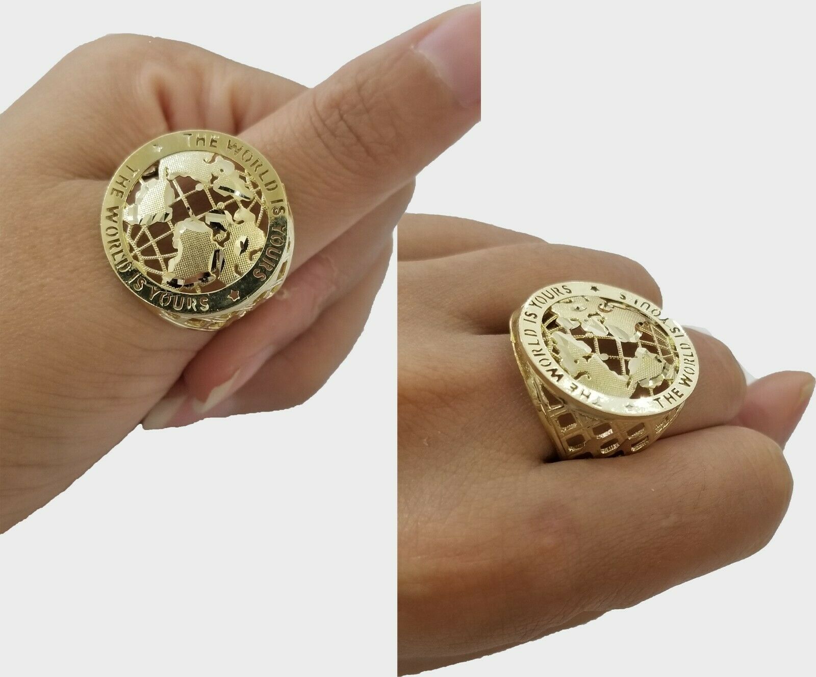 Real 10k Yellow Gold World Map Mens Ring The World Is Yours Engraved Ring Unique - GoldenlinQ