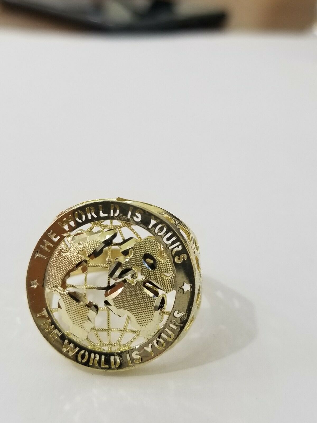 Real 10k Yellow Gold World Map Mens Ring The World Is Yours Engraved Ring Unique - GoldenlinQ