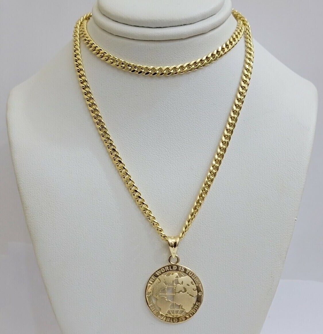 Real 10kt Gold Cuban Link Chain Pendant Set 22" 3.5mm Necklace World Map Charm - GoldenlinQ