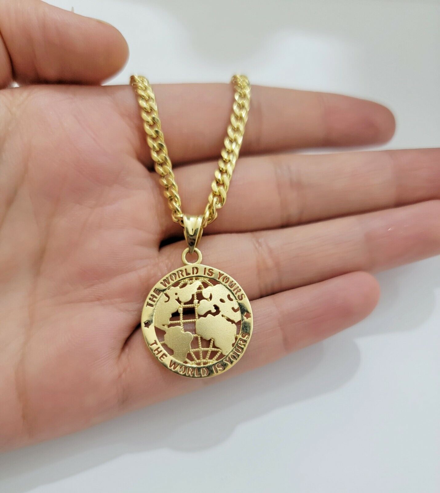 Real 10kt Gold Cuban Link Chain Pendant Set 22" 3.5mm Necklace World Map Charm - GoldenlinQ