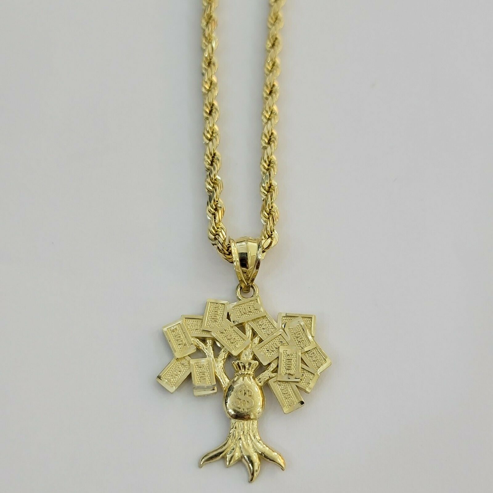 REAL 10kt Rope Necklace 24" With 10k Yellow Gold Pendant Money Tree Charm,UNIQUE - GoldenlinQ
