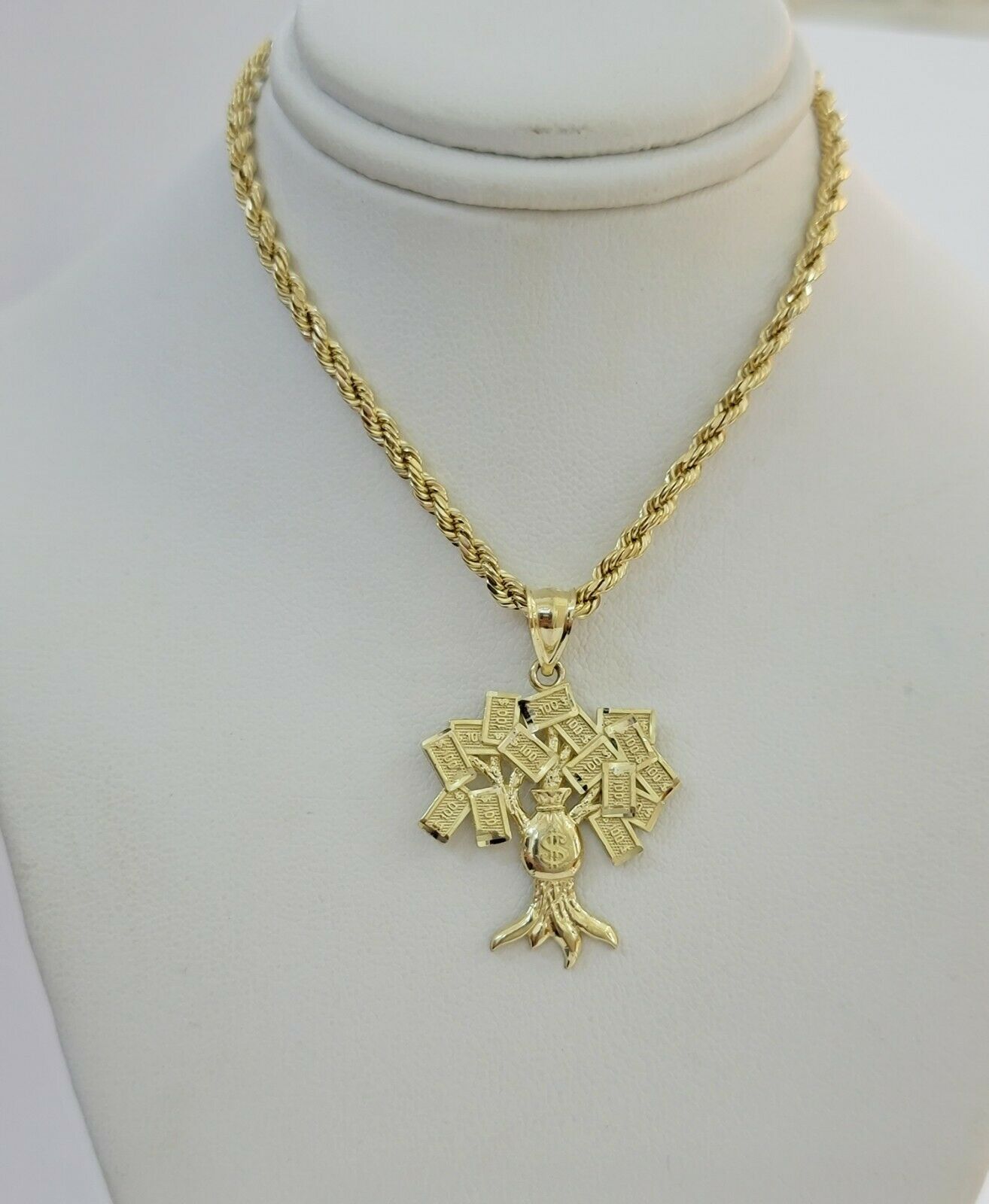 REAL 10kt Rope Necklace 24" With 10k Yellow Gold Pendant Money Tree Charm,UNIQUE - GoldenlinQ