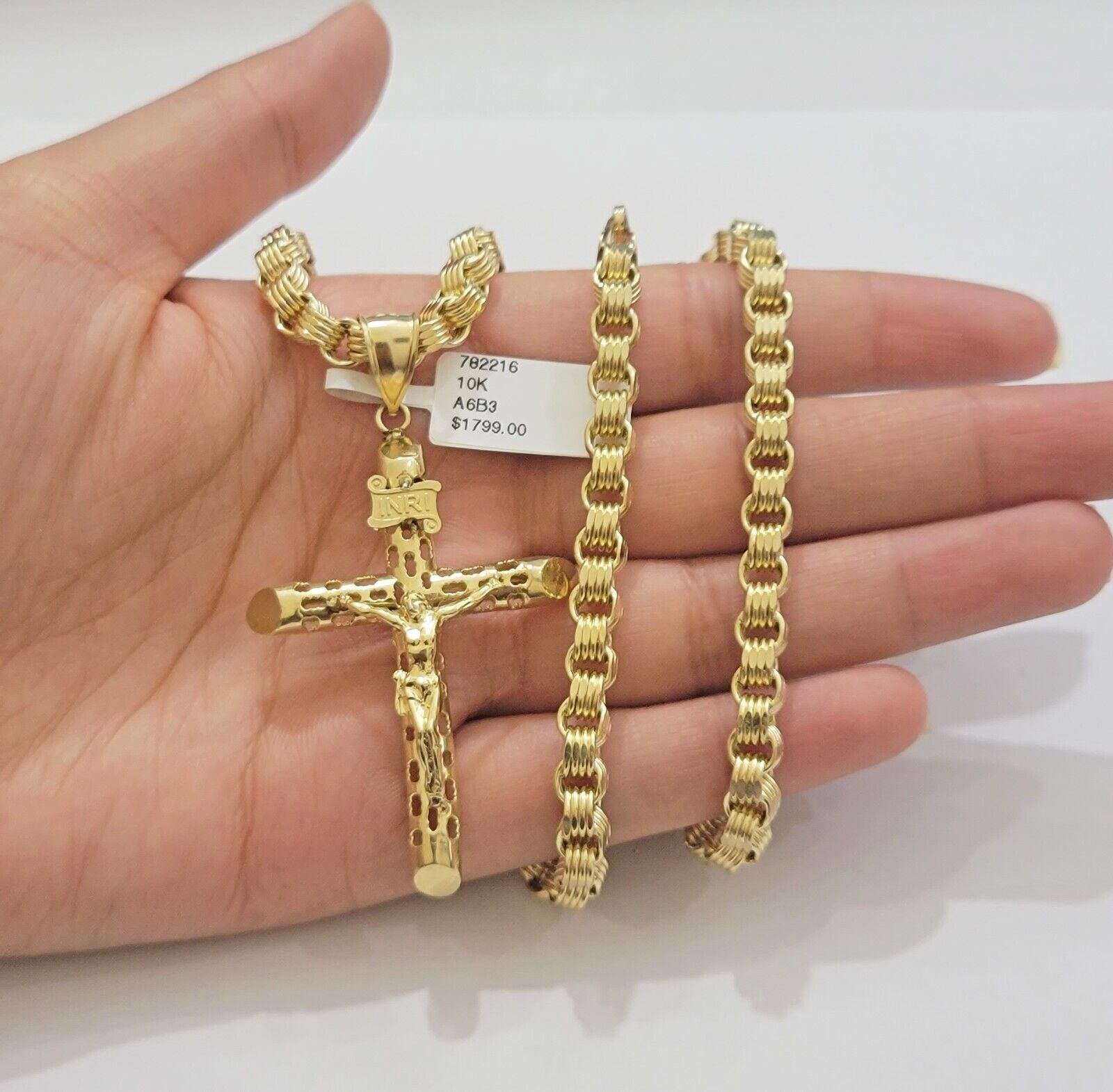 Real 10kt Yellow Gold Chain Pendant Byzantine Necklace 20" - 28" & Cross Charm SET - GoldenlinQ