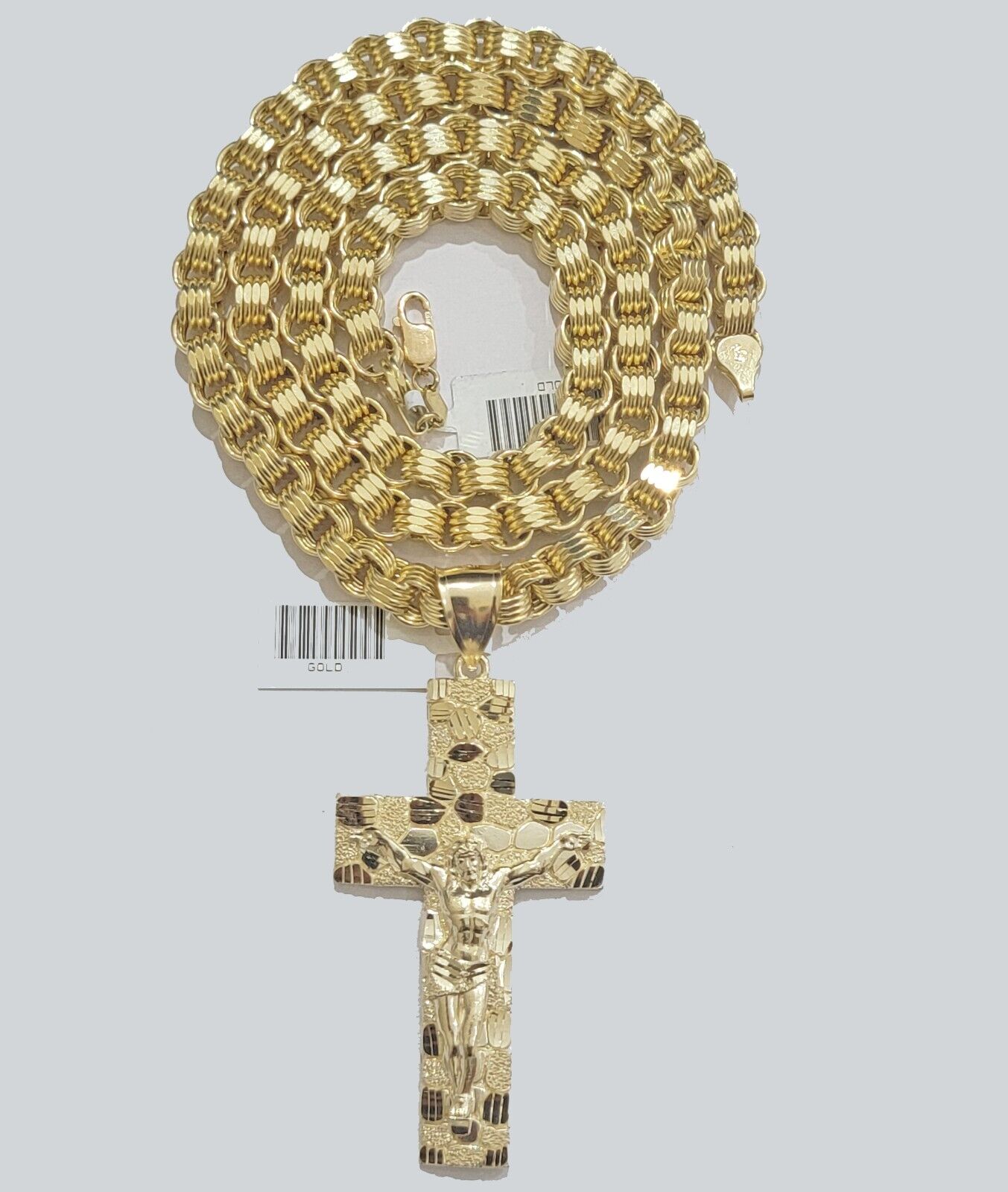 Real 10kt Yellow Gold Chain Pendant Byzantine Necklace Nugget Cross Charm SETS - GoldenlinQ