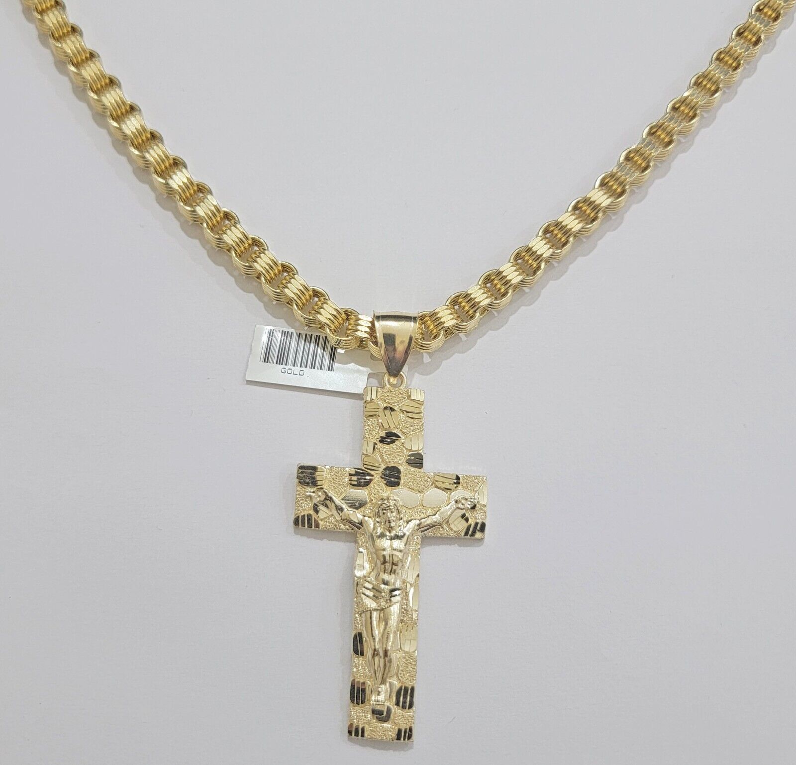 Real 10kt Yellow Gold Chain Pendant Byzantine Necklace Nugget Cross Charm SETS - GoldenlinQ