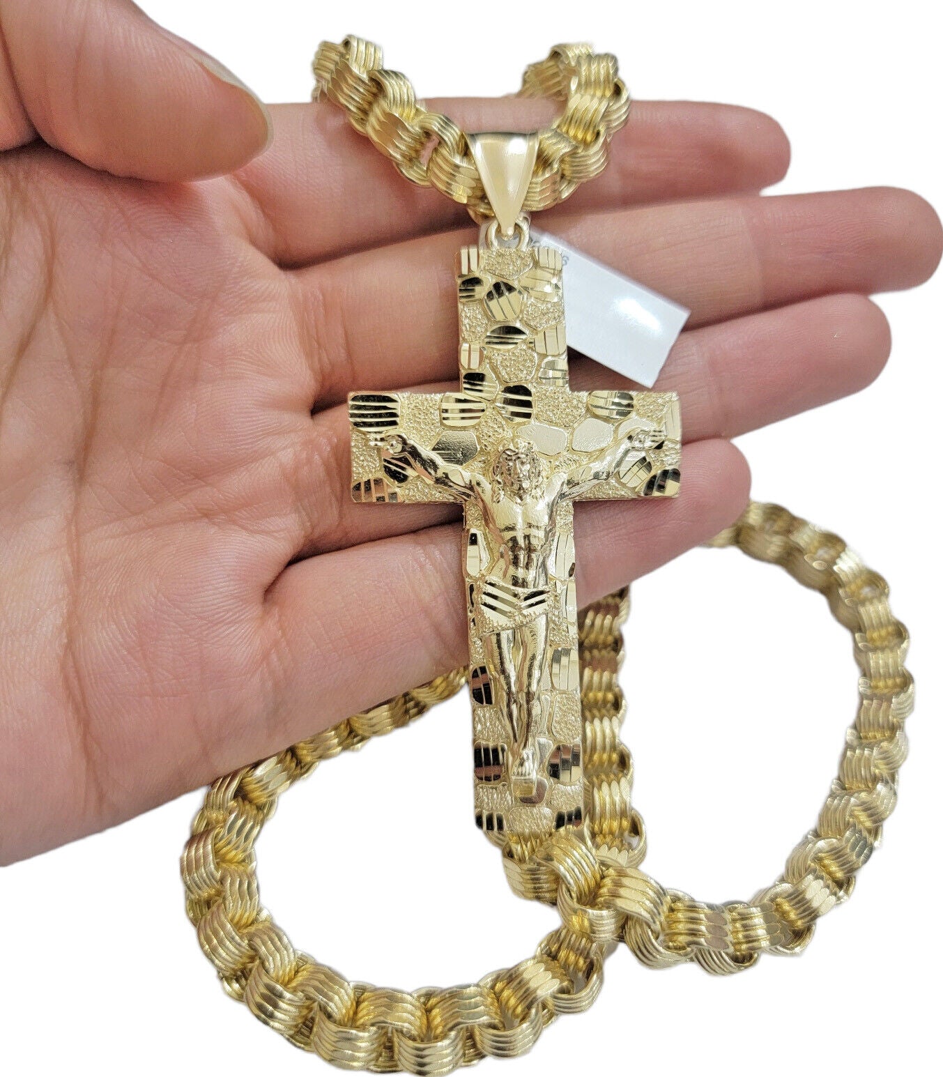 Real 10kt Yellow Gold Chain Pendant Byzantine Necklace Nugget Cross Charm SETS - GoldenlinQ
