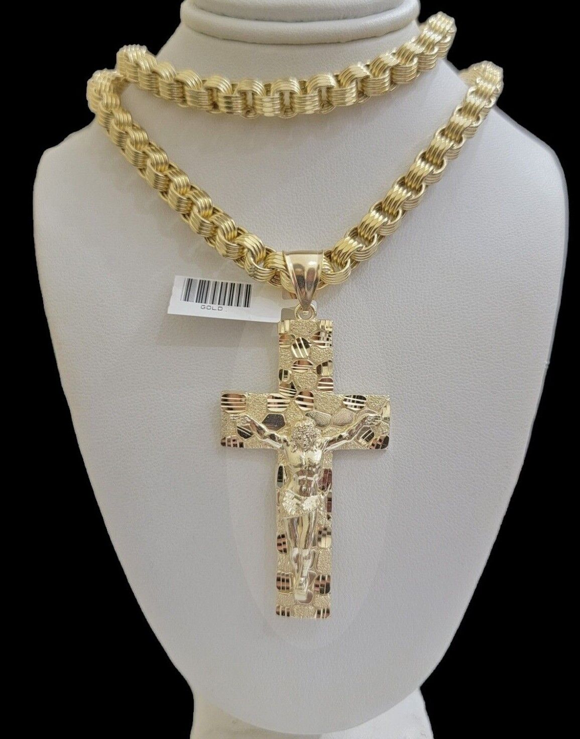 Real 10kt Yellow Gold Chain Pendant Byzantine Necklace Nugget Cross Charm SETS - GoldenlinQ