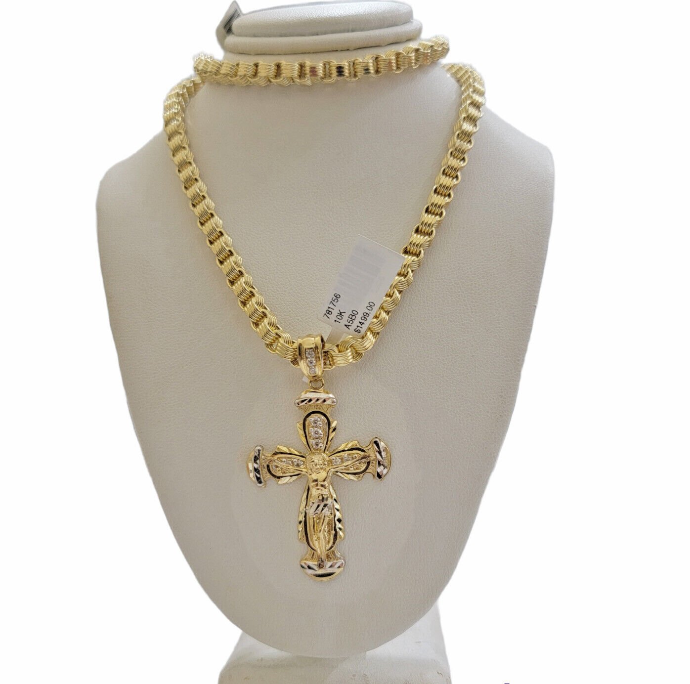 Real 10kt Yellow Gold Chain Pendant Set Byzantine Necklace 20" - 28" & Cross Charm - GoldenlinQ