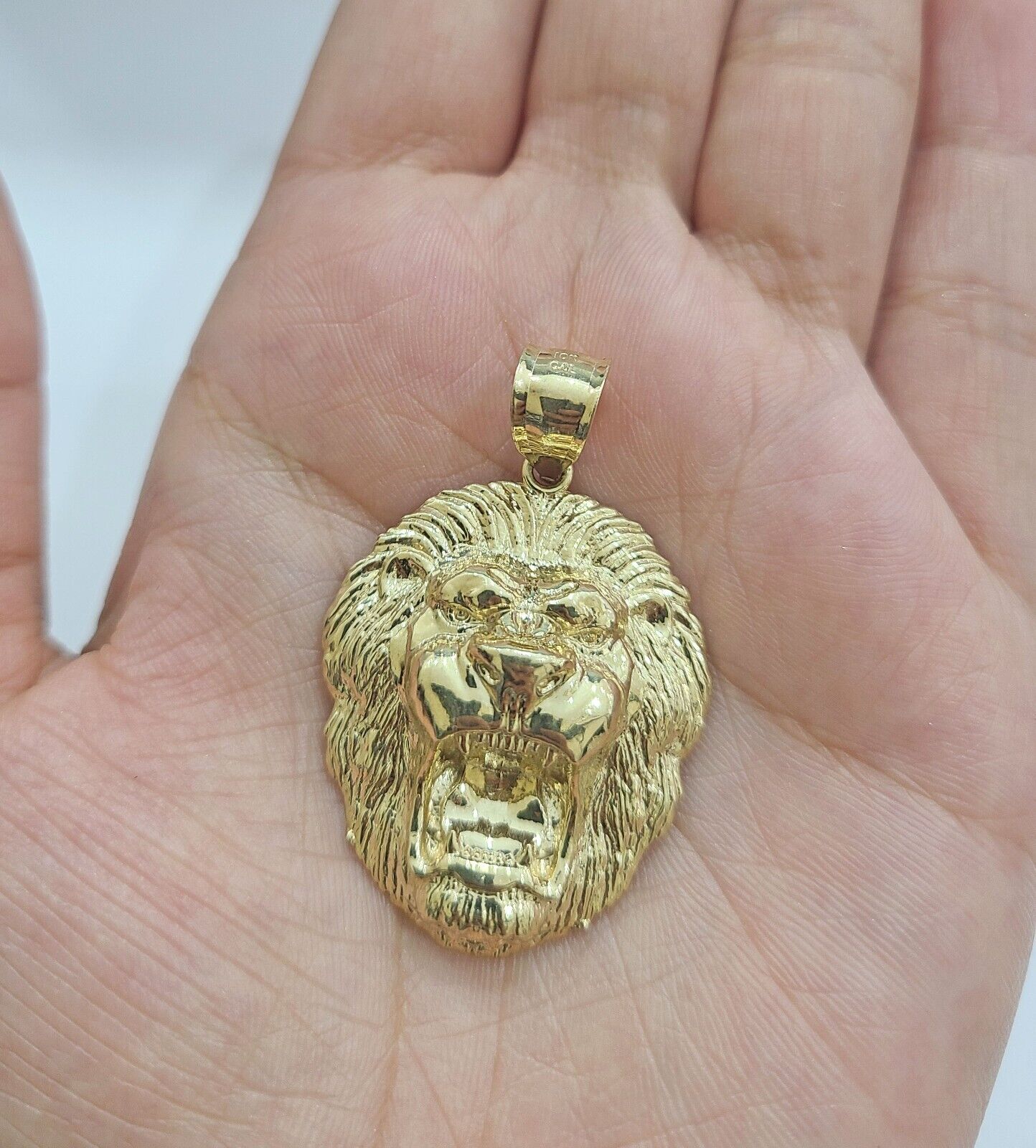 Real 10kt Yellow Gold Lion Head Pendant charm 1.5" for Necklace and chain Mens - GoldenlinQ