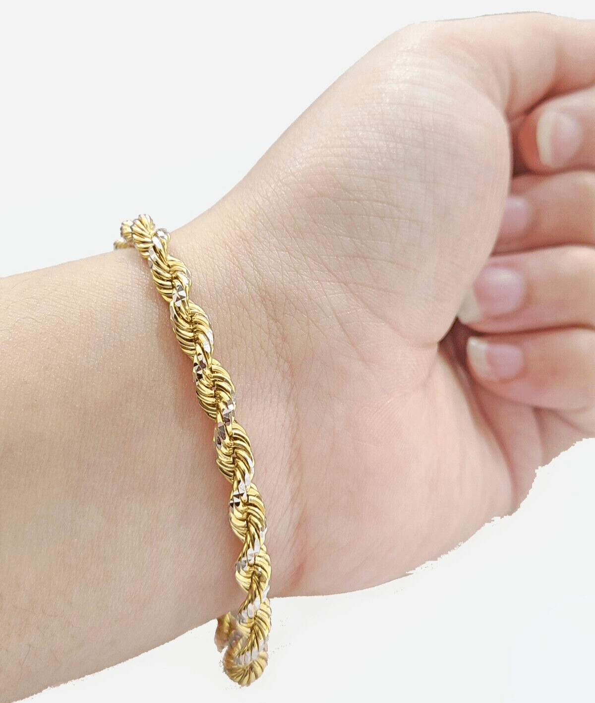 Real 10kt Yellow Gold Rope Bracelet Solid link 8 Inches 4mm Diamond Cut Two - Tone - GoldenlinQ