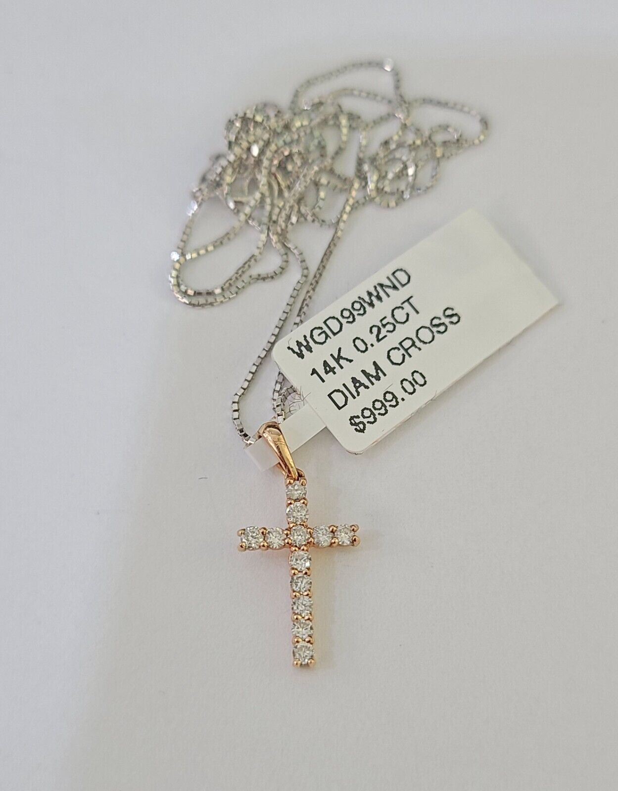 Real 14k Box Chain Jesus Cross Diamond Pendant Gold Necklace SET Women - GoldenlinQ