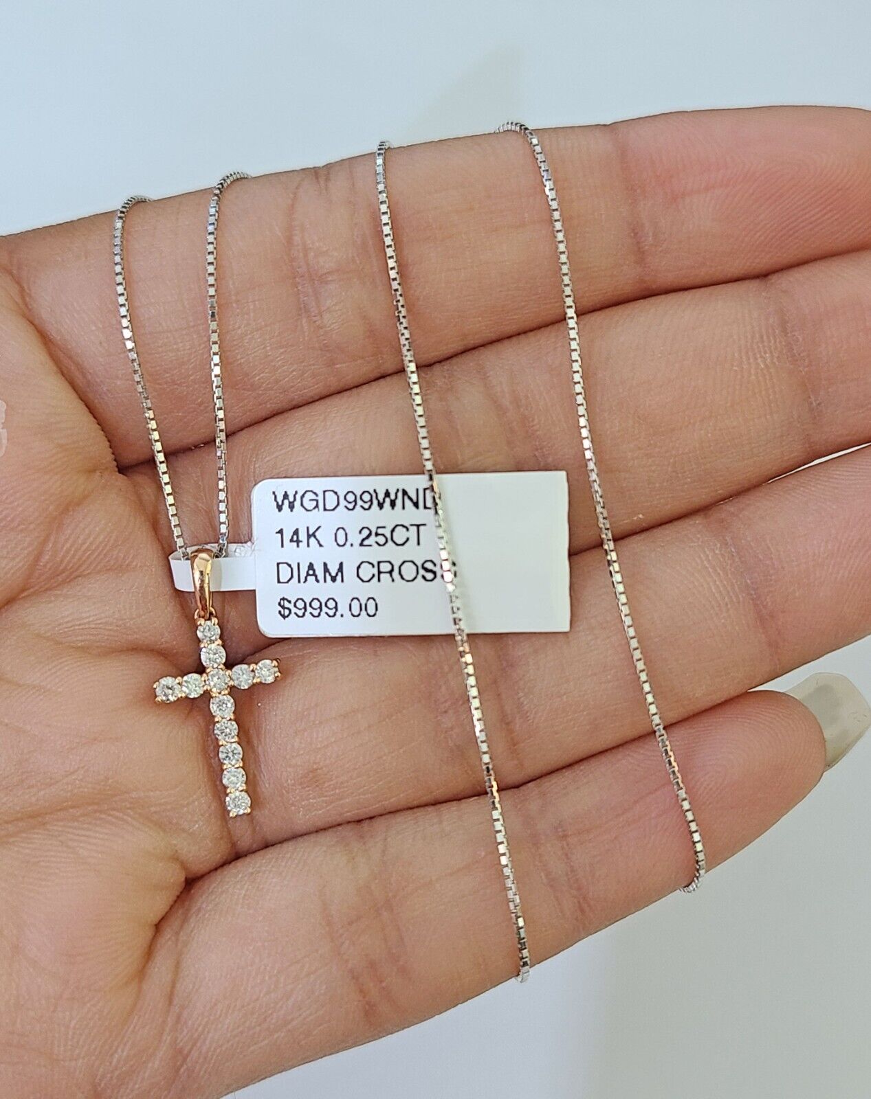 Real 14k Box Chain Jesus Cross Diamond Pendant Gold Necklace SET Women - GoldenlinQ