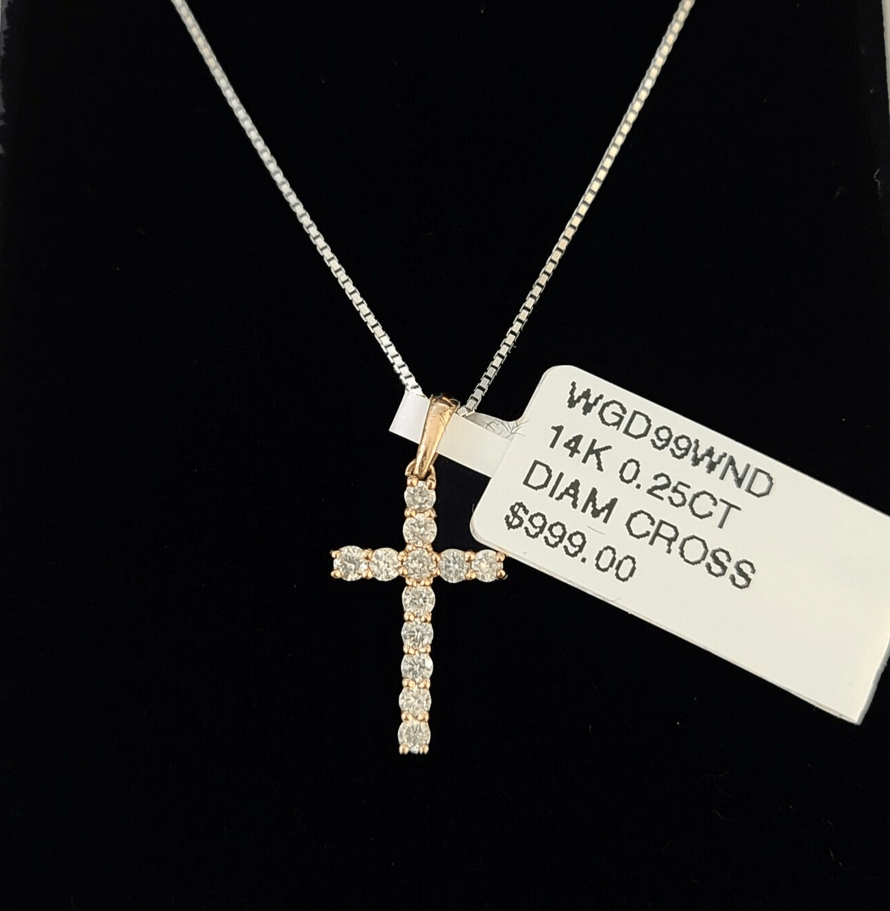 Real 14k Box Chain Jesus Cross Diamond Pendant Gold Necklace SET Women - GoldenlinQ
