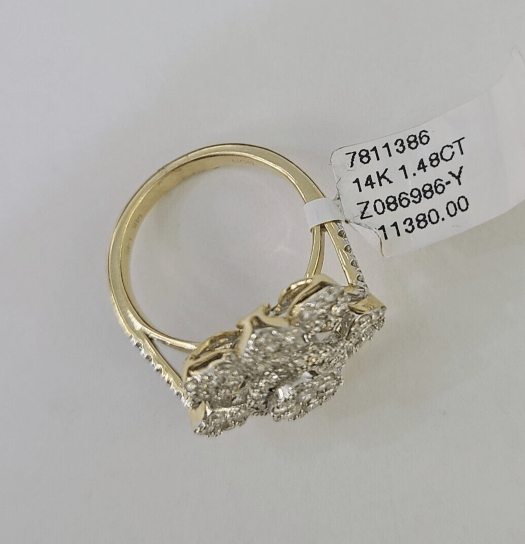 Real 14k Diamond Flower Ladies Ring Yellow Gold Women Engagement Wedding - GoldenlinQ