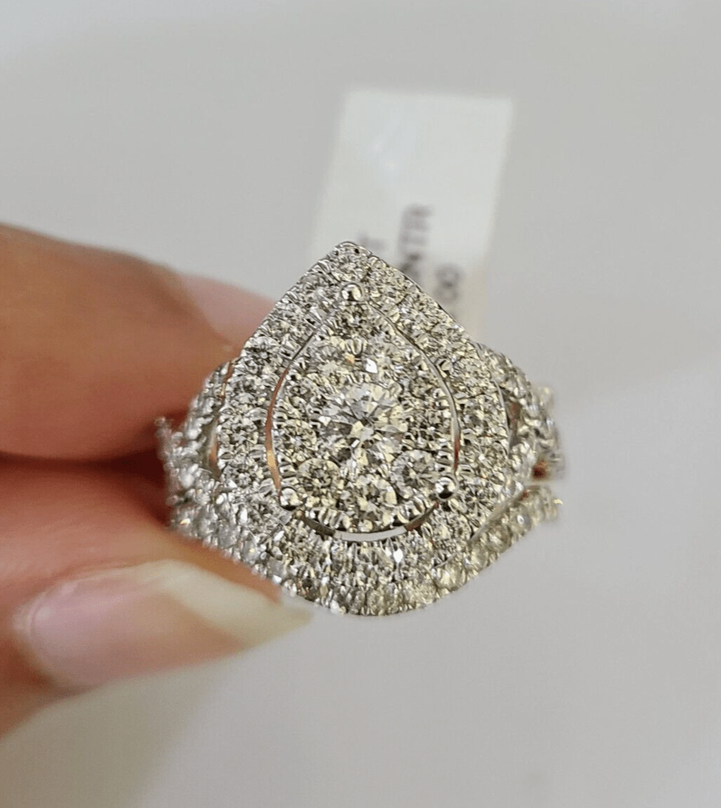 Real 14k Diamond Ladies Ring Pear Shaped Yellow Gold Women Engagement Wedding - GoldenlinQ