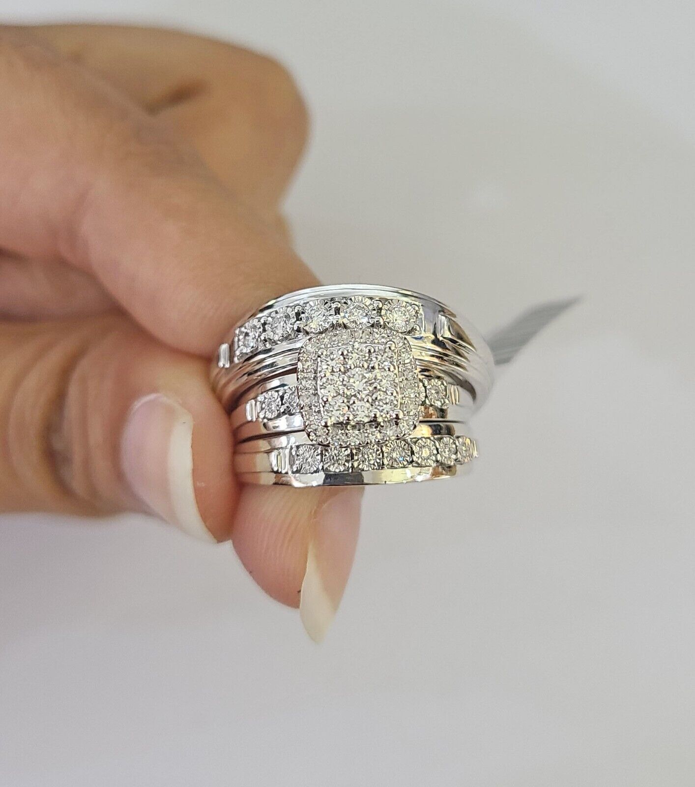 REAL 14k Diamond Ring White Gold Ladies Men Trio SET Wedding Engagement Genuine - GoldenlinQ