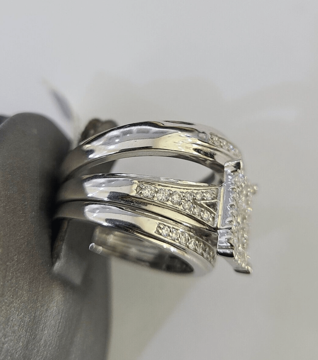 REAL 14k Diamond Ring White Gold Ladies Men Trio SET Wedding Engagement Genuine - GoldenlinQ