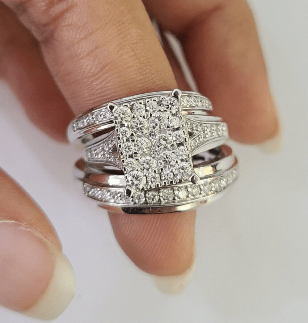 REAL 14k Diamond Ring White Gold Ladies Men Trio SET Wedding Engagement Genuine - GoldenlinQ