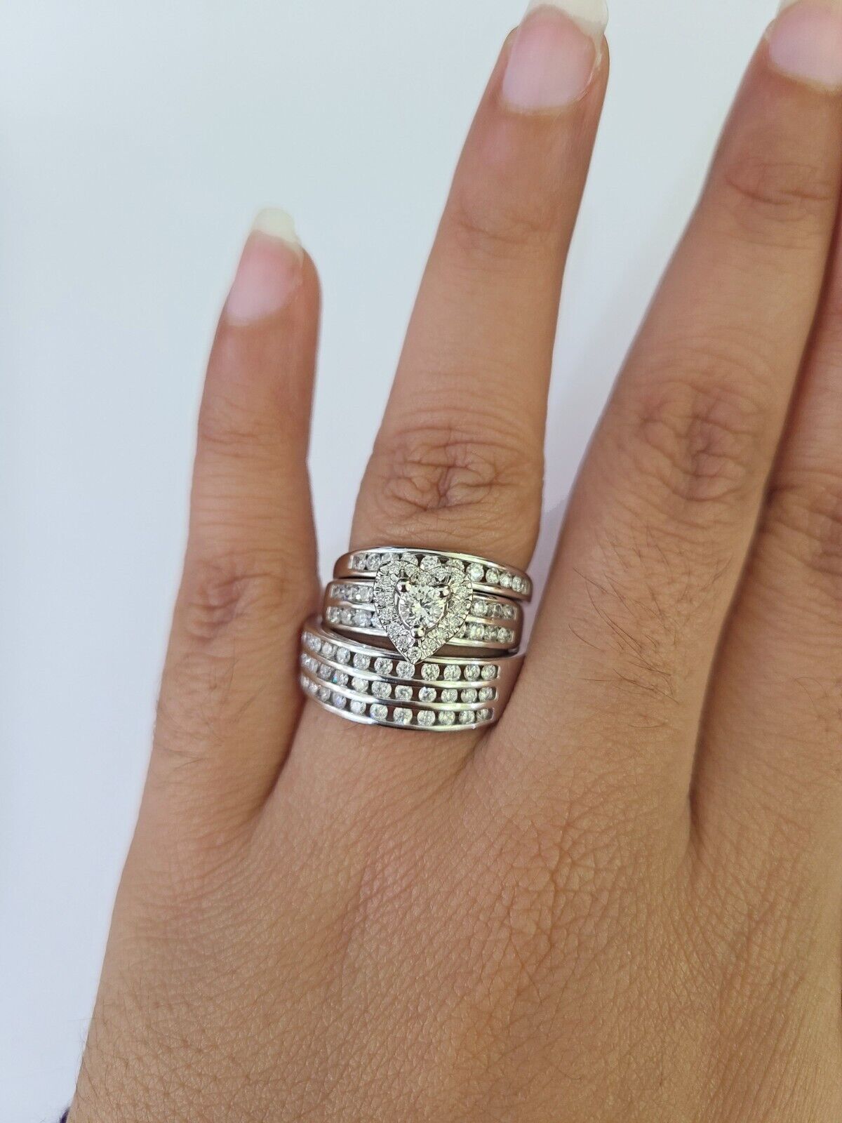 REAL 14k Diamond Ring White Gold Ladies Men Trio SET Wedding Engagement Genuine - GoldenlinQ