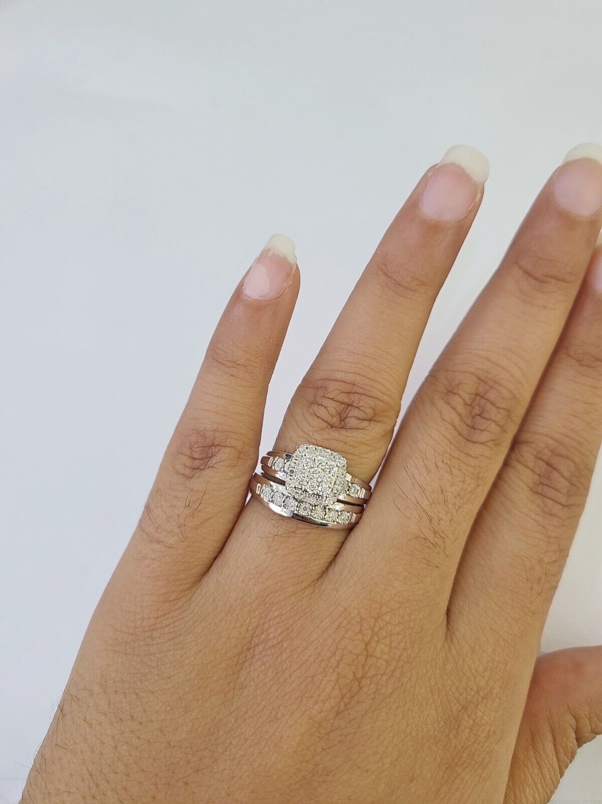 REAL 14k Diamond Ring White Gold Ladies Men Trio SET Wedding Engagement Genuine - GoldenlinQ