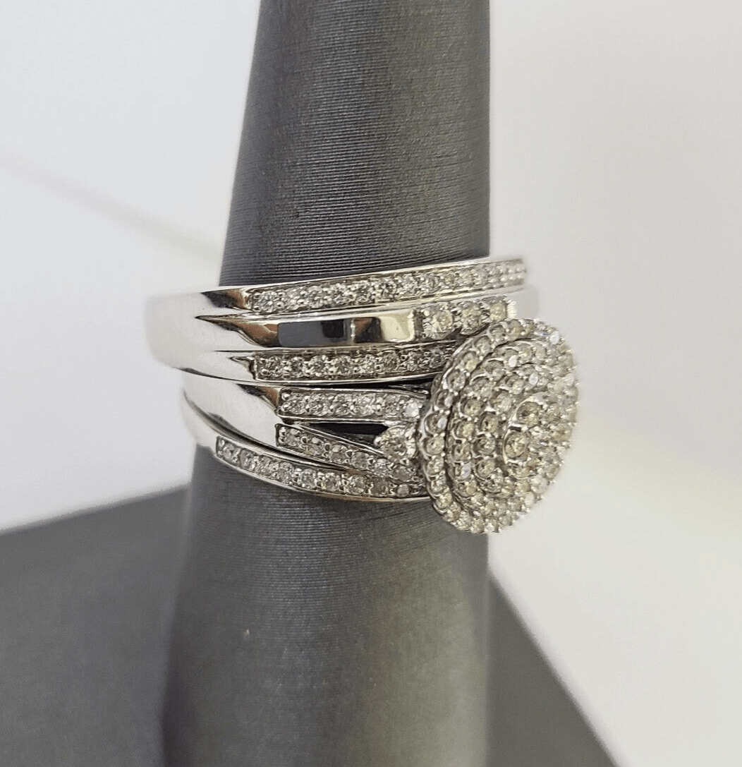 REAL 14k Diamond Ring White Gold Ladies Men Trio SET Wedding Engagement Genuine - GoldenlinQ