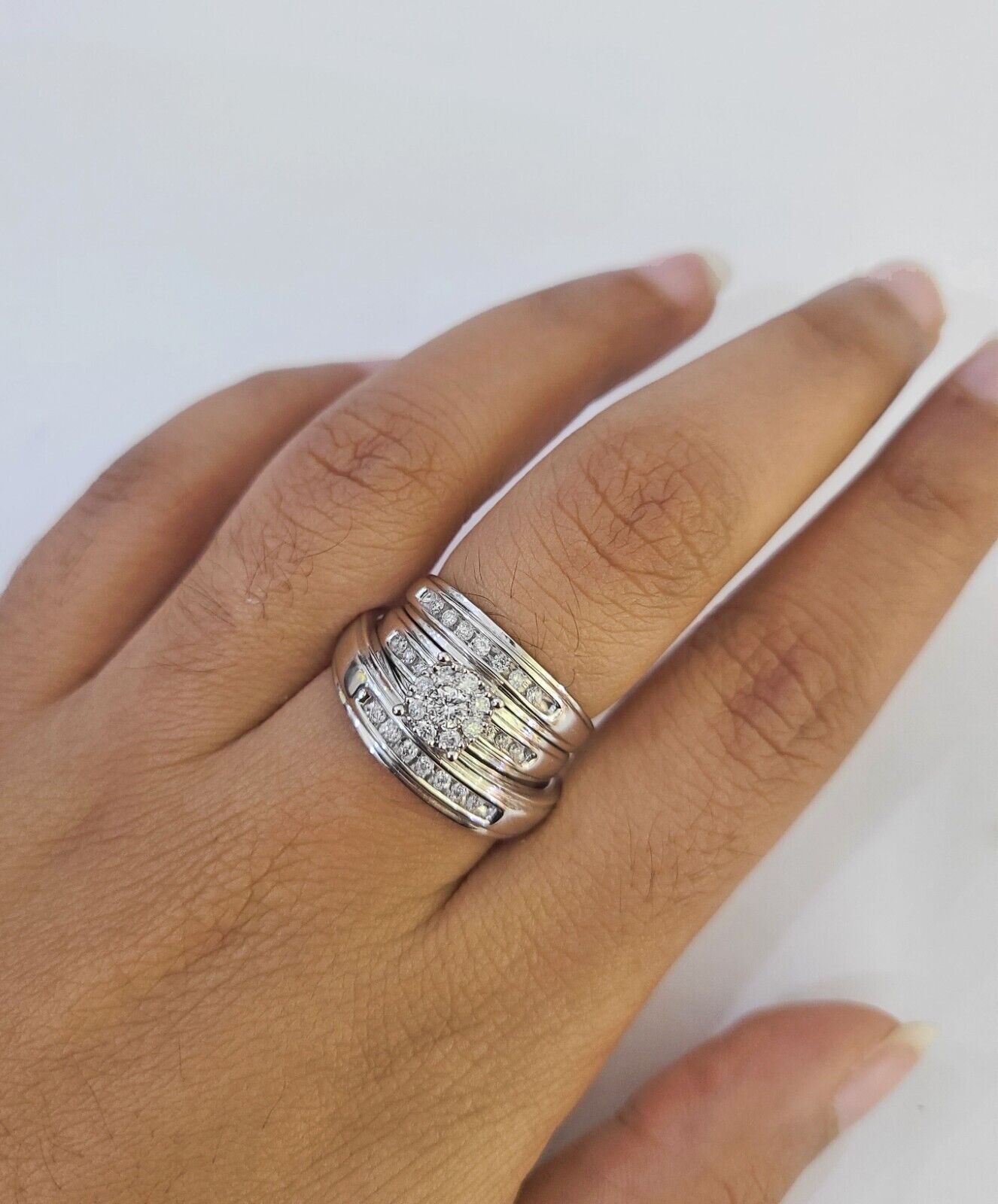 REAL 14k Diamond Ring White Gold Ladies Men Trio SET Wedding Engagement Genuine - GoldenlinQ