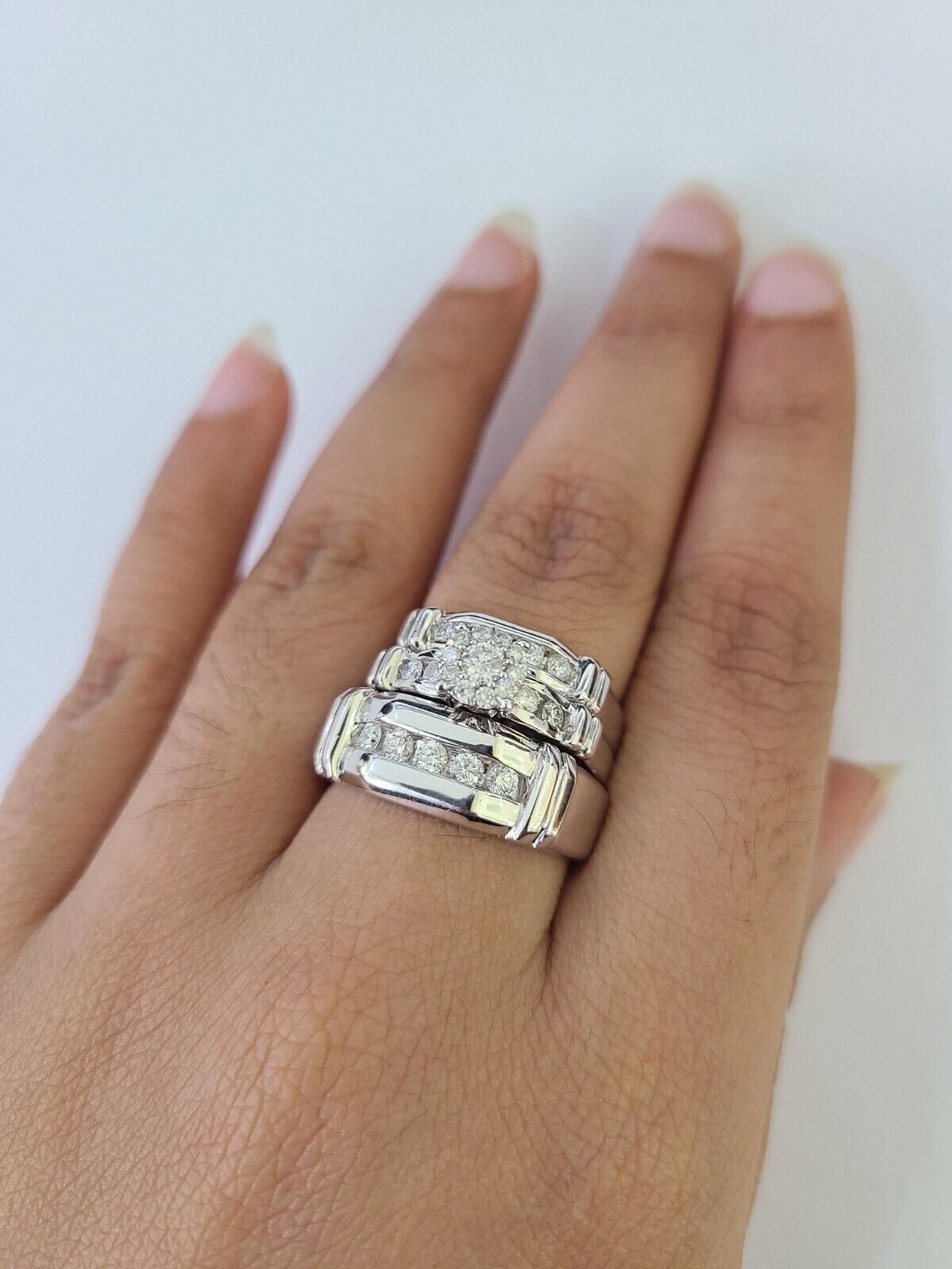 REAL 14k Diamond Ring White Gold Ladies Men Trio SET Wedding Engagement Genuine - GoldenlinQ