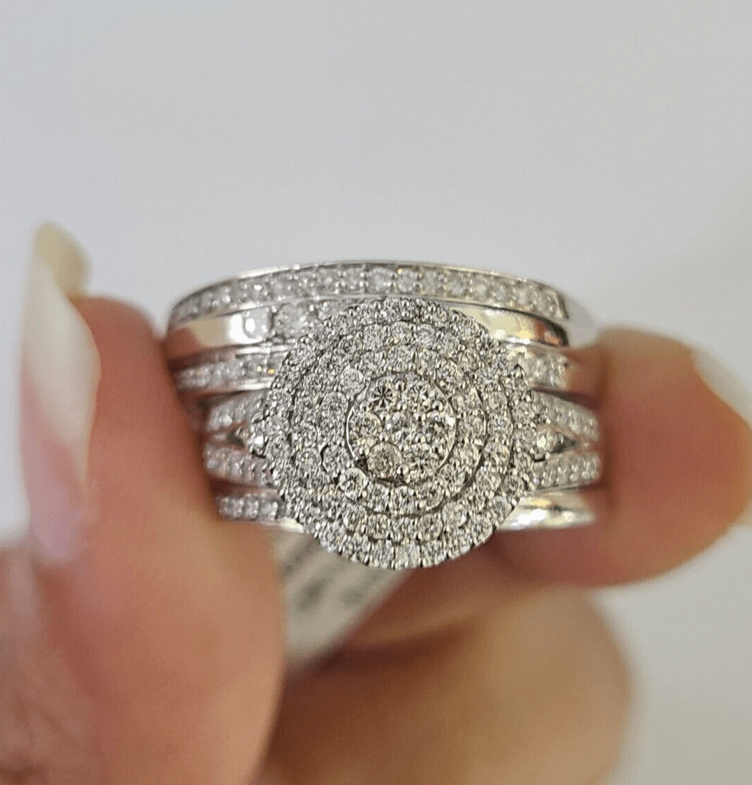 REAL 14k Diamond Ring White Gold Ladies Men Trio SET Wedding Engagement Genuine - GoldenlinQ