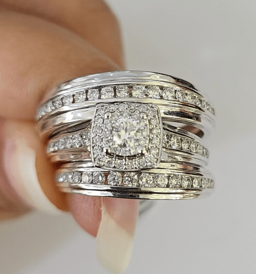 REAL 14k Diamond Ring White Gold Ladies Men Trio SET Wedding Engagement Genuine - GoldenlinQ