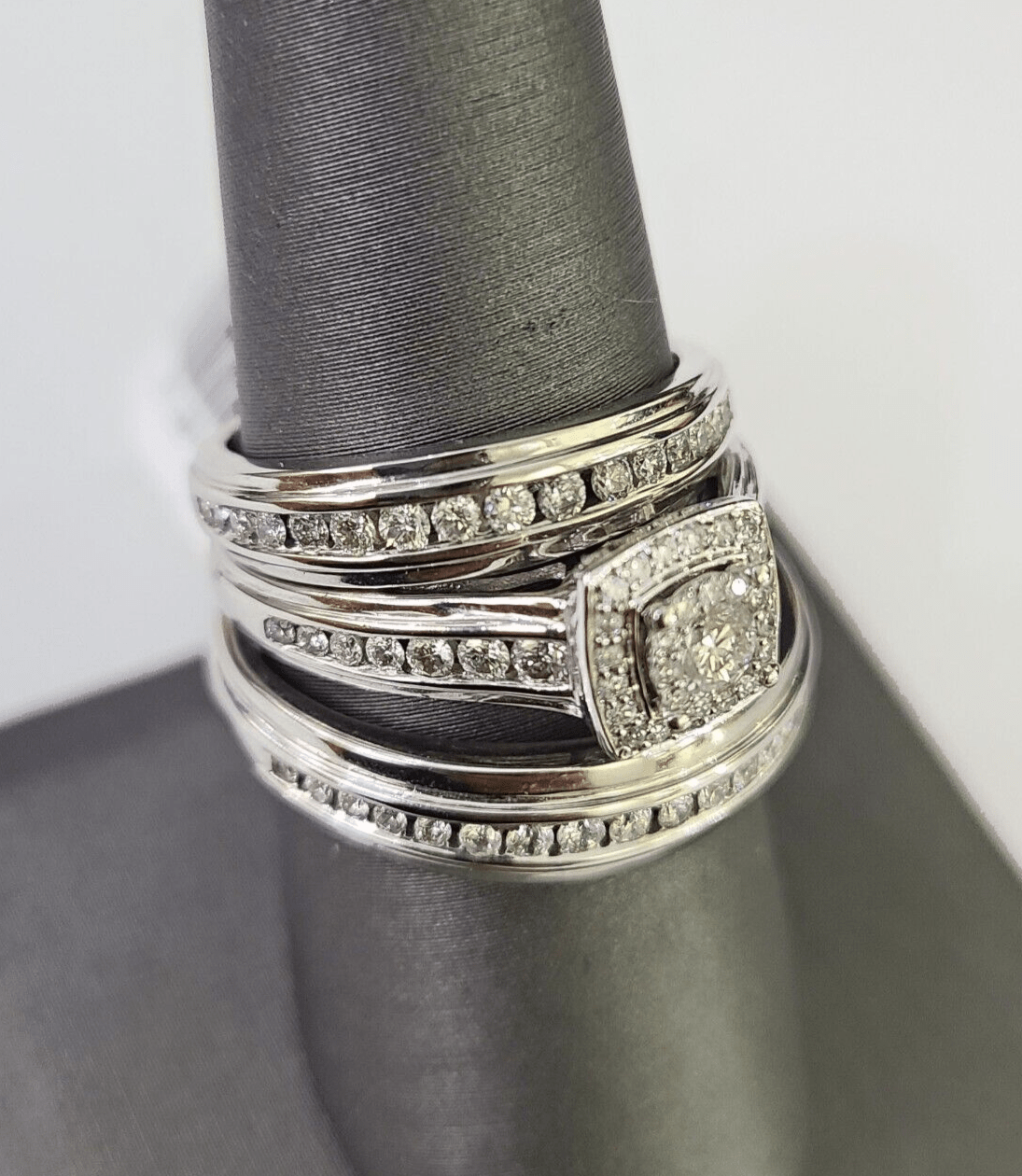 REAL 14k Diamond Ring White Gold Ladies Men Trio SET Wedding Engagement Genuine - GoldenlinQ