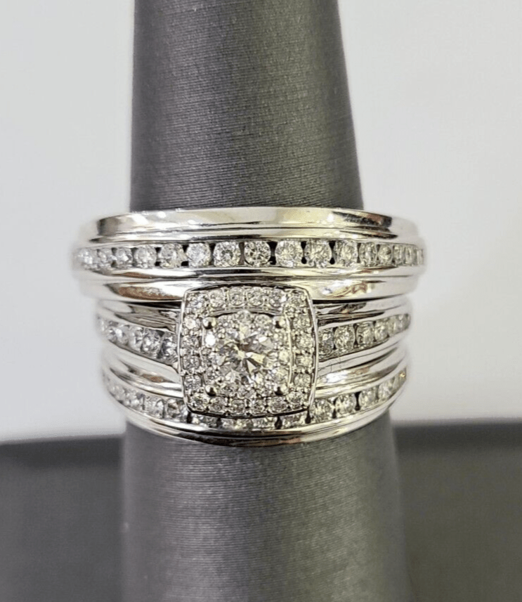 REAL 14k Diamond Ring White Gold Ladies Men Trio SET Wedding Engagement Genuine - GoldenlinQ