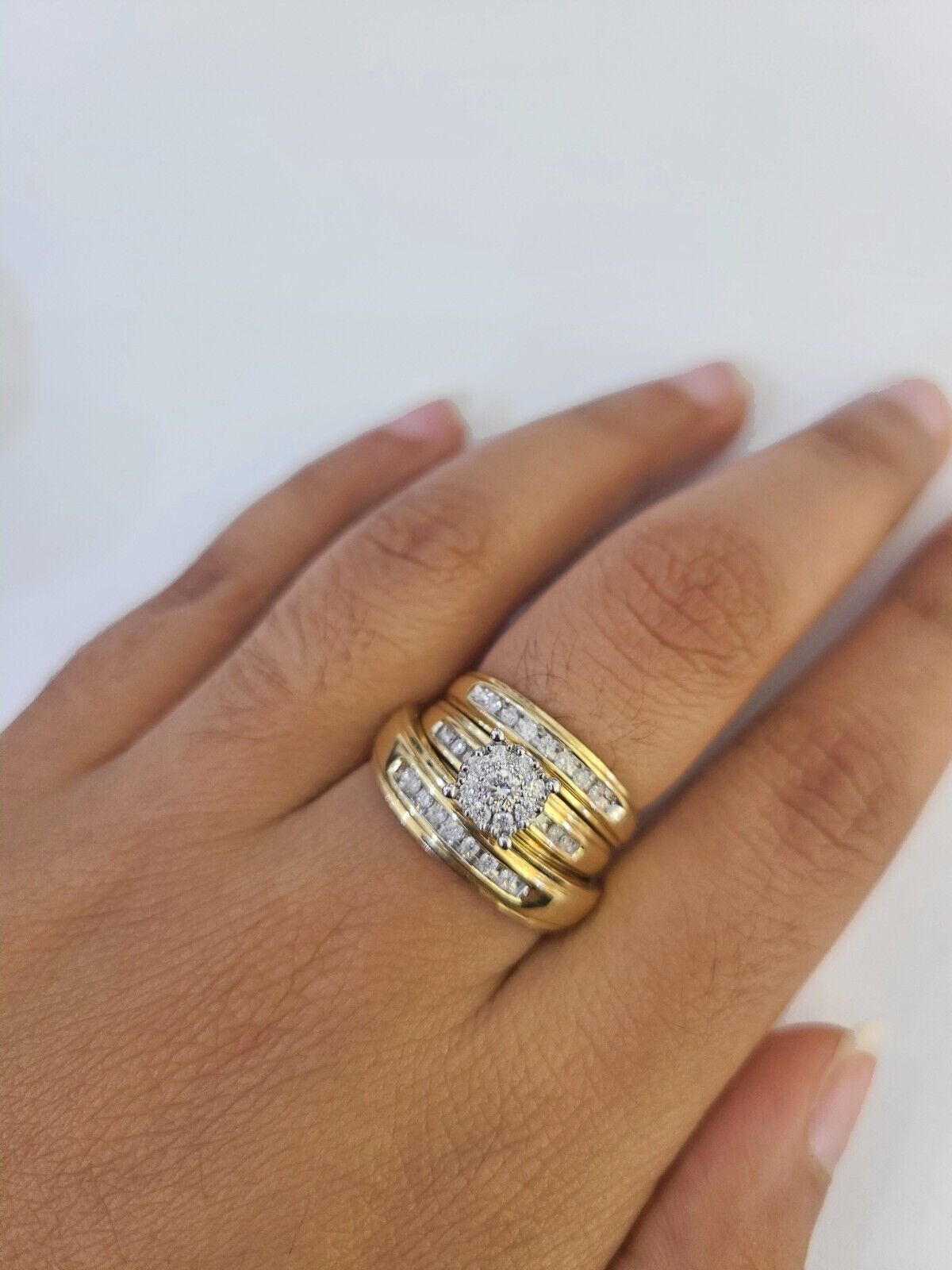 REAL 14k Diamond Ring Yellow Gold Ladies Men Trio SET Wedding Engagement Genuine - GoldenlinQ