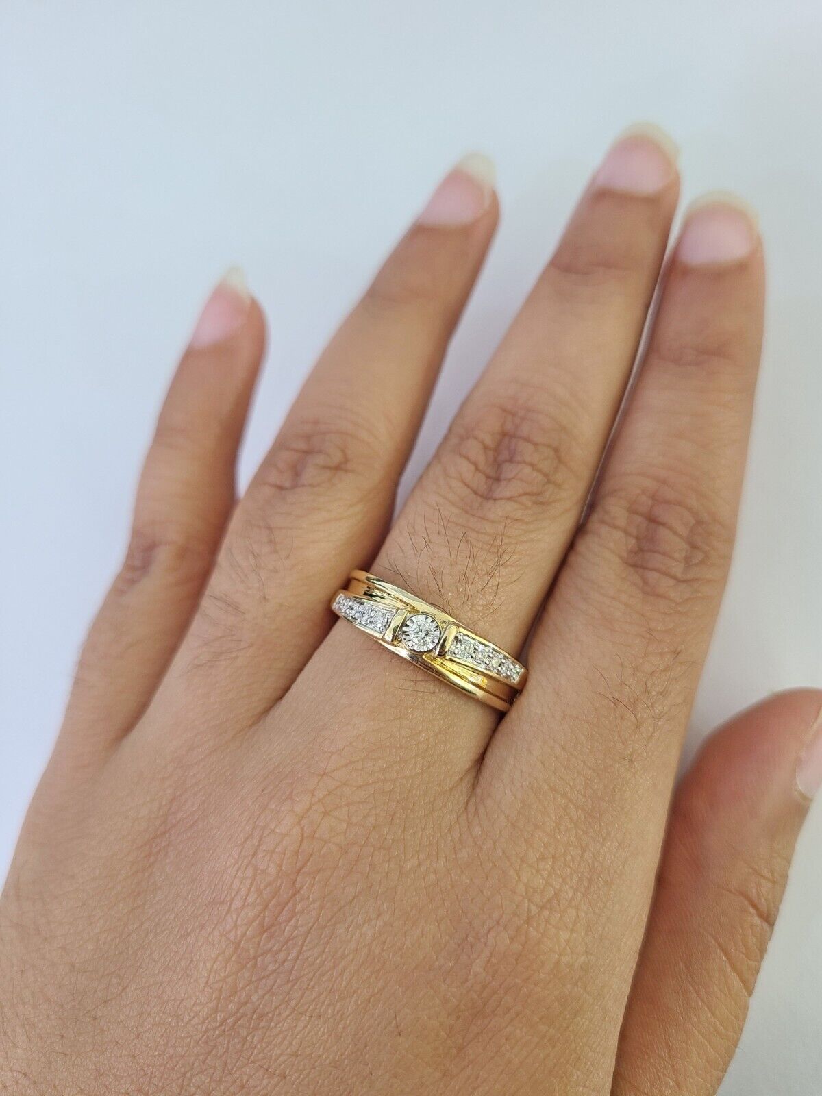 REAL 14k Diamond Ring Yellow Gold Ladies Men Trio SET Wedding Engagement Genuine - GoldenlinQ