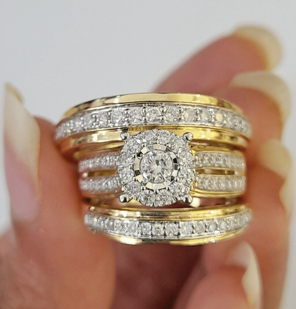 REAL 14k Diamond Ring Yellow Gold Ladies Men Trio SET Wedding Engagement Genuine - GoldenlinQ
