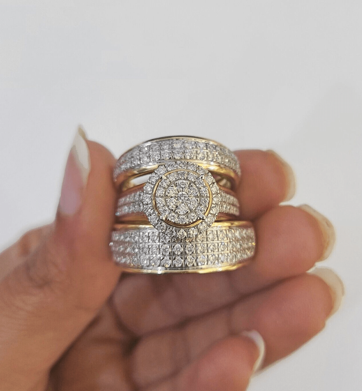 REAL 14k Diamond Ring Yellow Gold Ladies Men Trio SET Wedding Engagement Genuine - GoldenlinQ