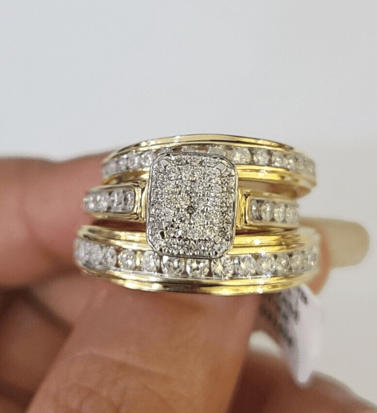REAL 14k Diamond Ring Yellow Gold Ladies Men Trio SET Wedding Engagement Genuine - GoldenlinQ